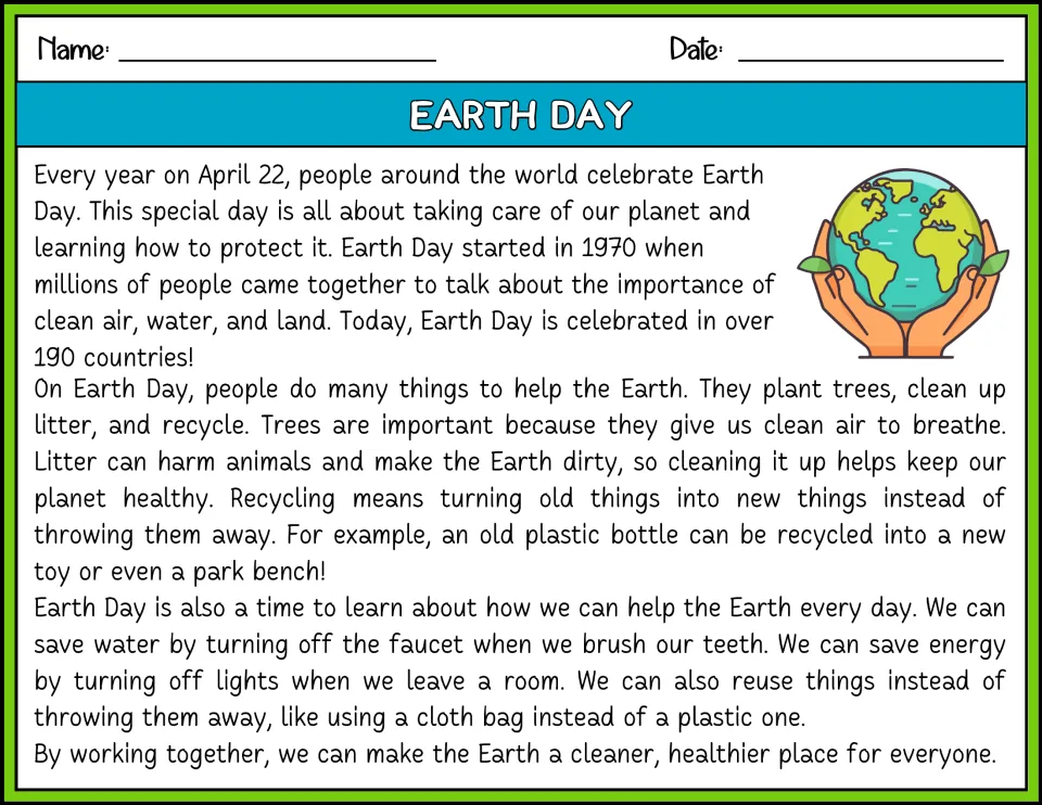 Color Earth Day passage about April 22, the event's start in 1970, recycling, and saving water and energy