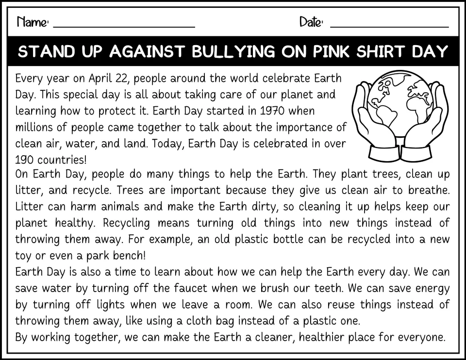 Black-and-white Earth Day passage about April 22 and protecting the planet, under a Pink Shirt Day heading