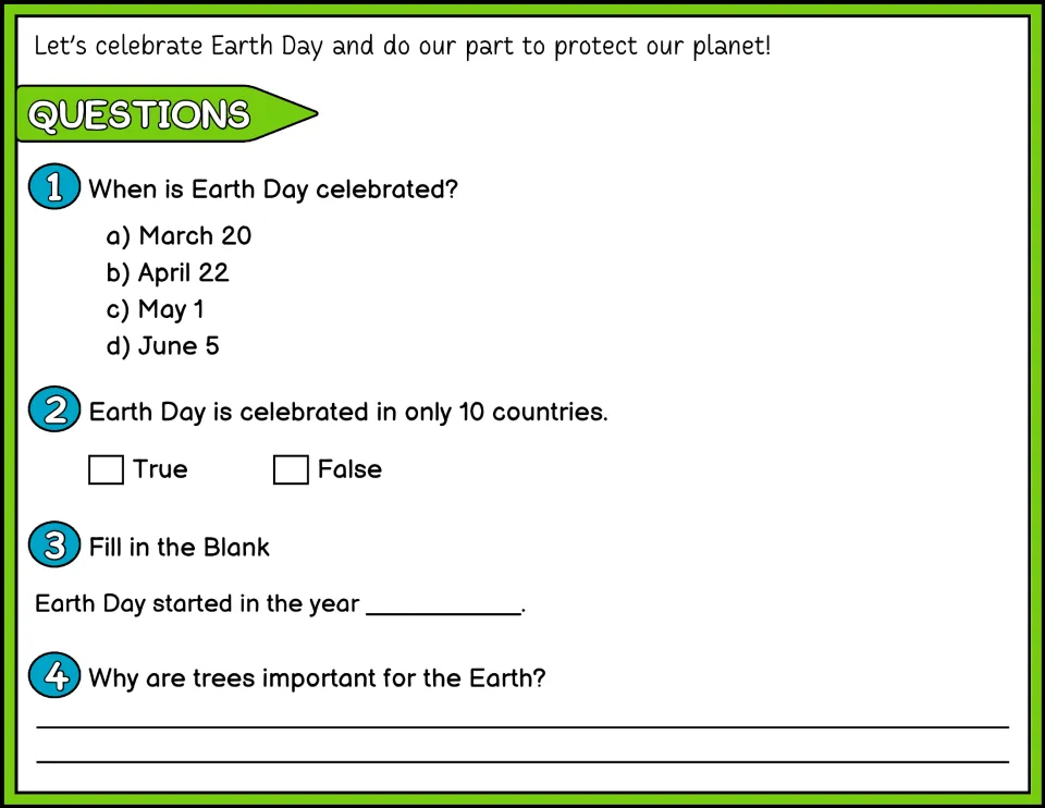 Color Earth Day questions 1–4 ask about its date, number of countries, starting year, and why trees matter