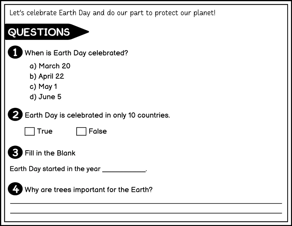 Black-and-white Earth Day questions 1–4 cover April 22, participating countries, 1970, and trees' importance