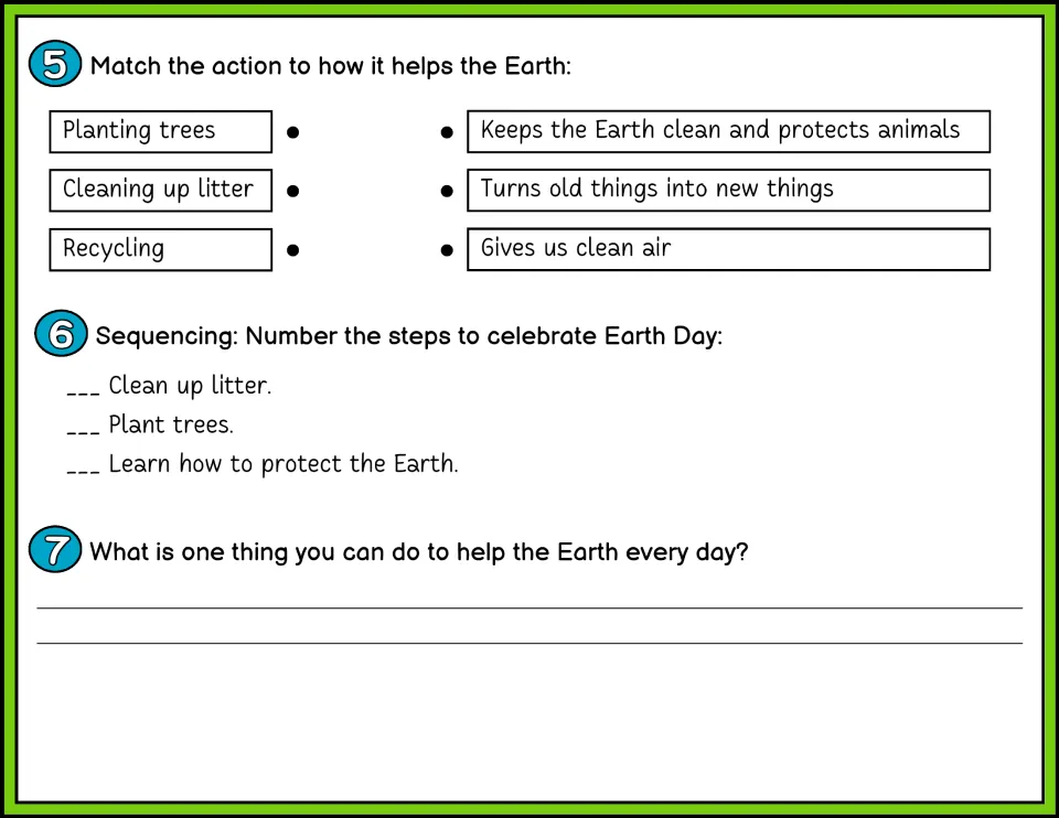 Color Earth Day questions 5–7 include matching actions to benefits, sequencing, and naming a daily action