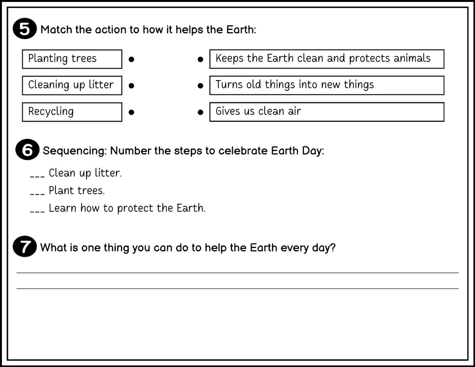 Black-and-white Earth Day questions 5–7 ask students to match benefits, sequence steps, and name a daily action