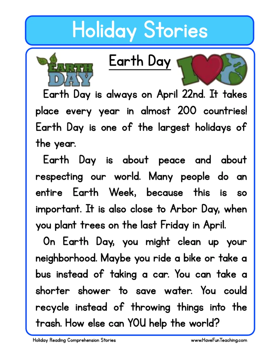 Earth Day reading passage: students read about April 22, Earth Week, Arbor Day and ways to help, like recycling