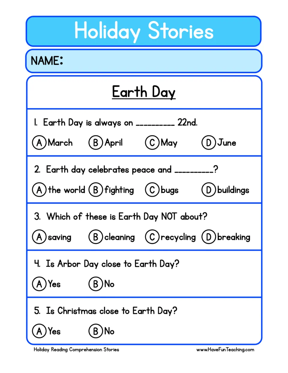 Earth Day comprehension questions: students bubble A to D or yes/no for 5 multiple-choice items recalling story details