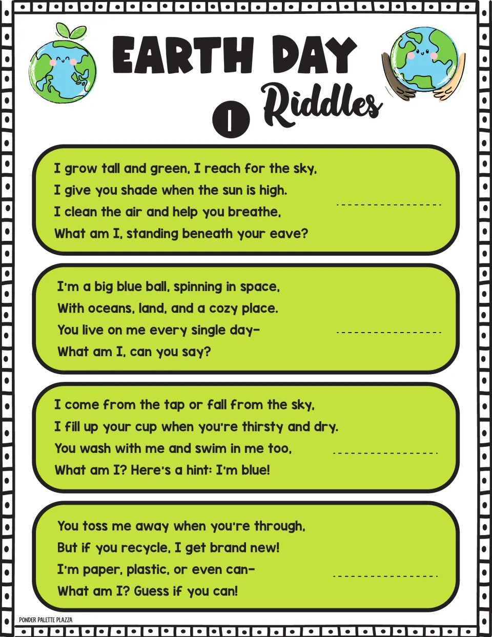 Earth Day riddles set 1: students read four rhyming clues about shade, a spinning blue ball, tap water and tossed trash