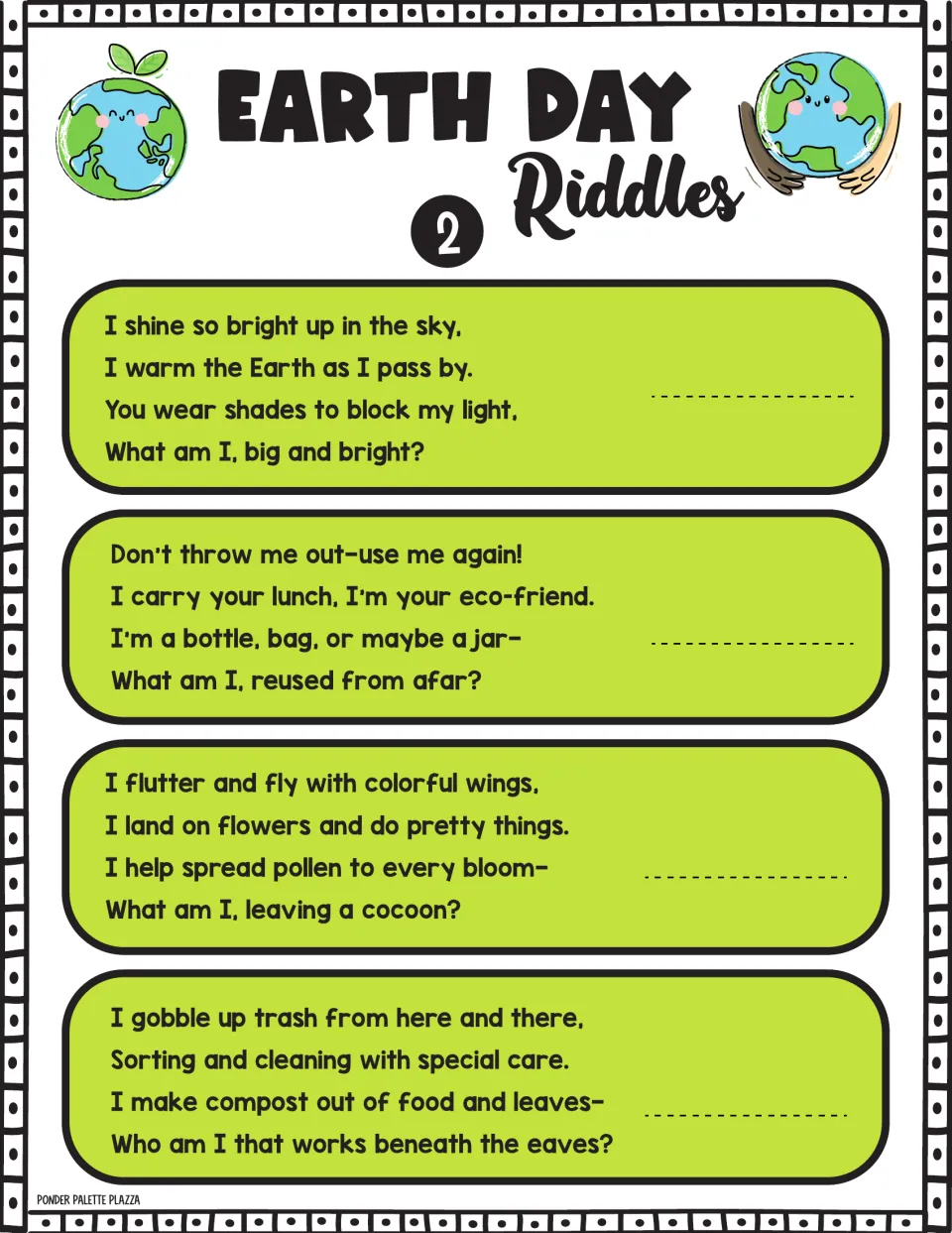 Riddle set 2: students guess from rhyming clues about a bright sky light, reused jars, a winged pollinator and compost