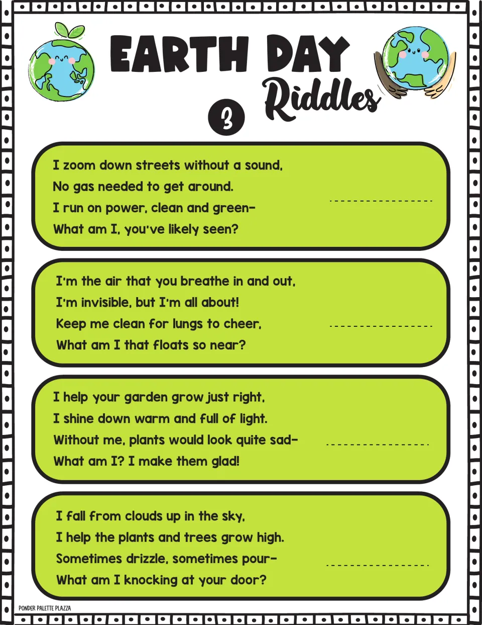 Riddle set 3 on clean living: students guess a silent car, the air, garden sunlight and rain from four rhyming clues