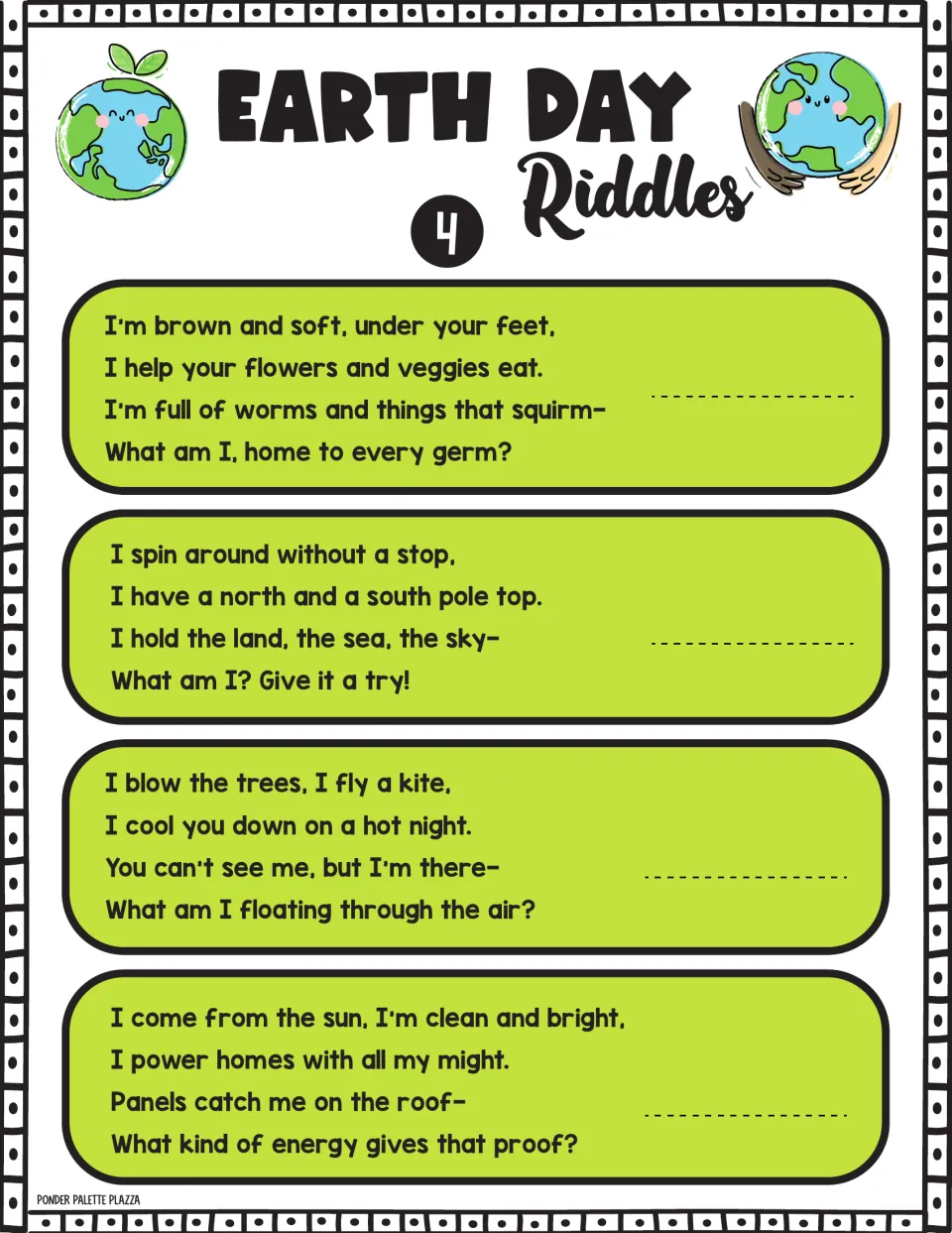 Riddle set 4: students solve rhyming clues about wormy ground, a planet with two poles, kite-flying breezes and roof panels