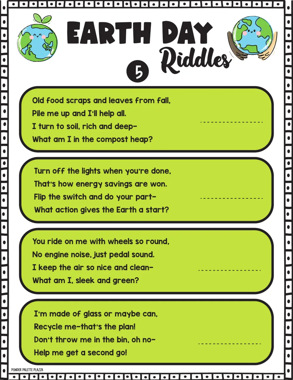Riddle set 5 on green habits: students solve clues about a compost heap, switching off lights, pedal wheels and glass cans
