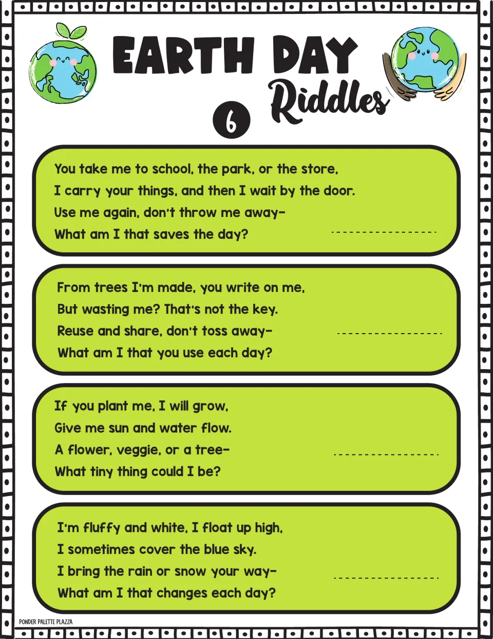 Riddle set 6: students puzzle over a carry bag, paper from trees, a tiny thing you plant and a fluffy white sky shape