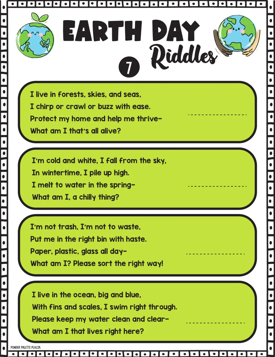 Riddle set 7: students write guesses for clues about wild creatures, winter snowfall, sorting bins and a finned swimmer