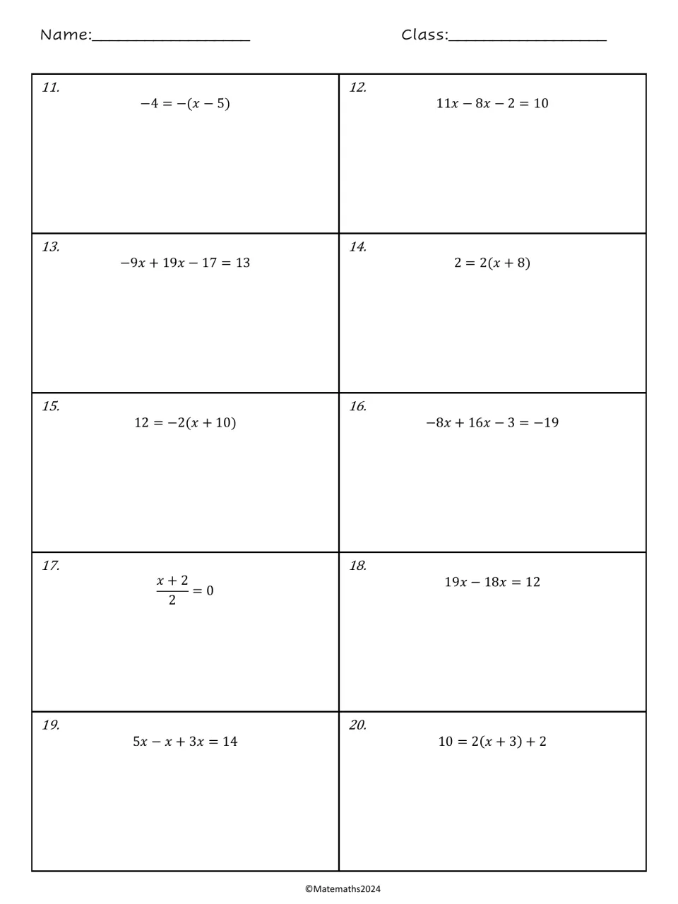 Linear equations 11-20: students solve for x using distribution and combining like terms, e.g. 12 = -2(x + 10)
