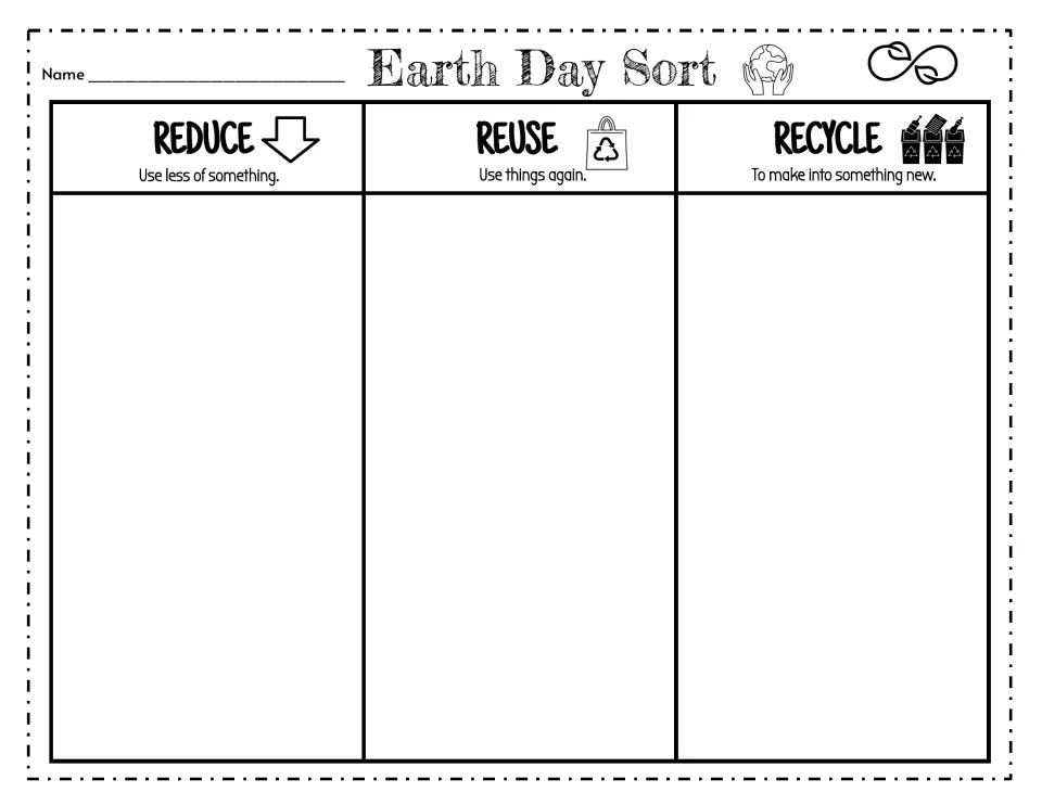 Reduce, reuse, recycle mat with each term defined, like 'Use things again'; students glue sorted picture cards below