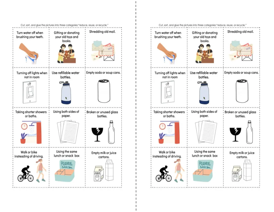 Cut-out cards: 12 pictured habits like shredding old mail and using refillable water bottles to cut and sort by category