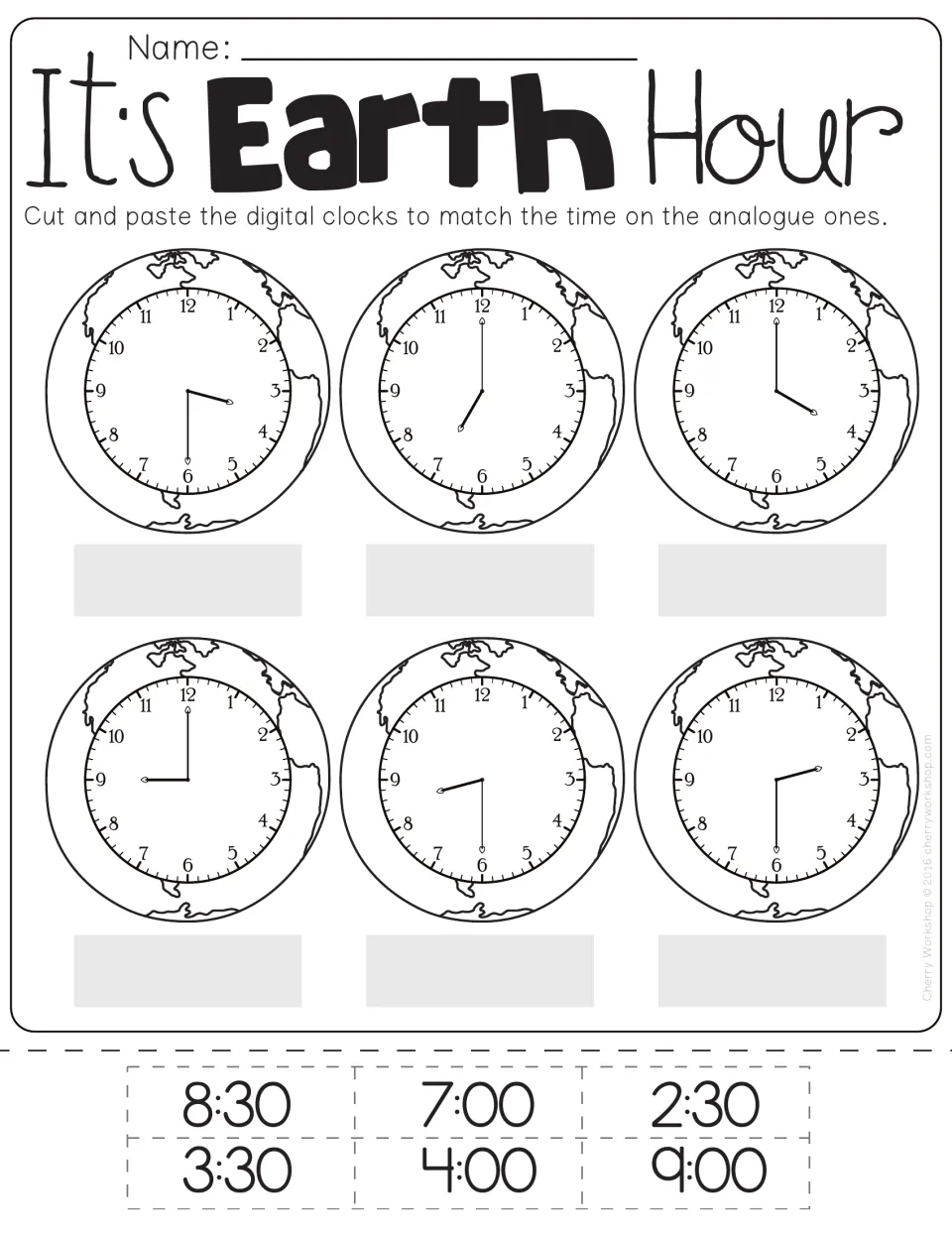 It's Earth Hour: students cut out six digital times and paste each under the matching globe clock, hours and half hours