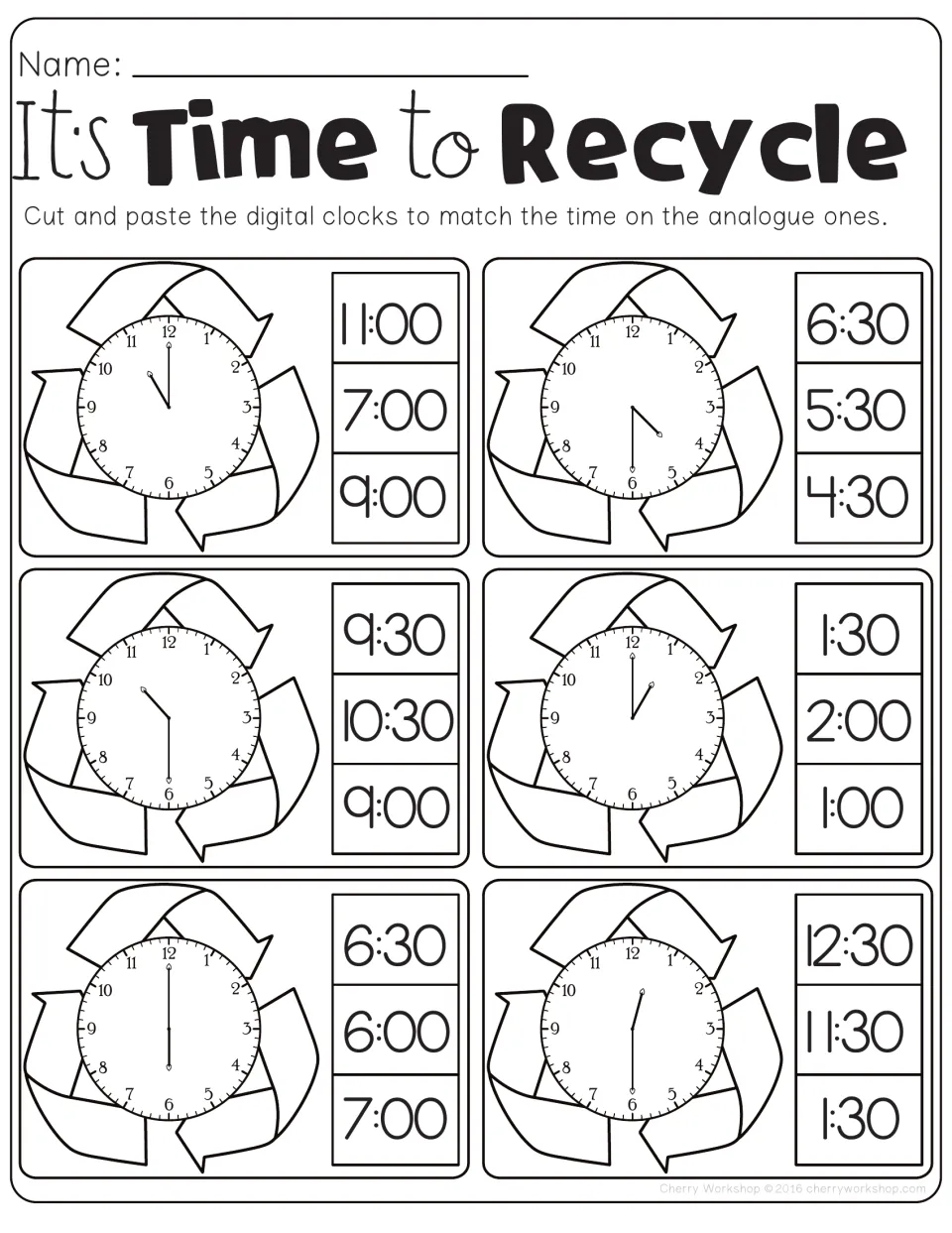 It's Time to Recycle: students match each of six recycling-symbol clocks to one of three digital times to the half hour