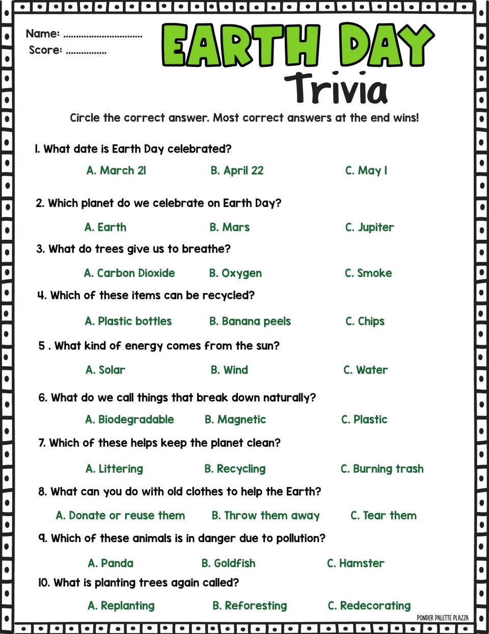 First trivia sheet: 10 questions about Earth Day's date, oxygen, recycling, solar energy and reforesting