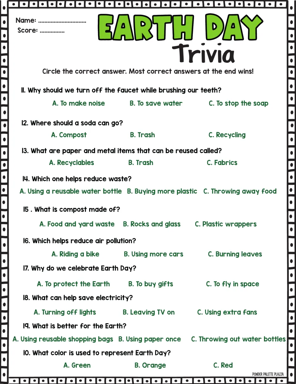 Second trivia sheet: 10 questions about saving water, recyclables, compost, air pollution and electricity