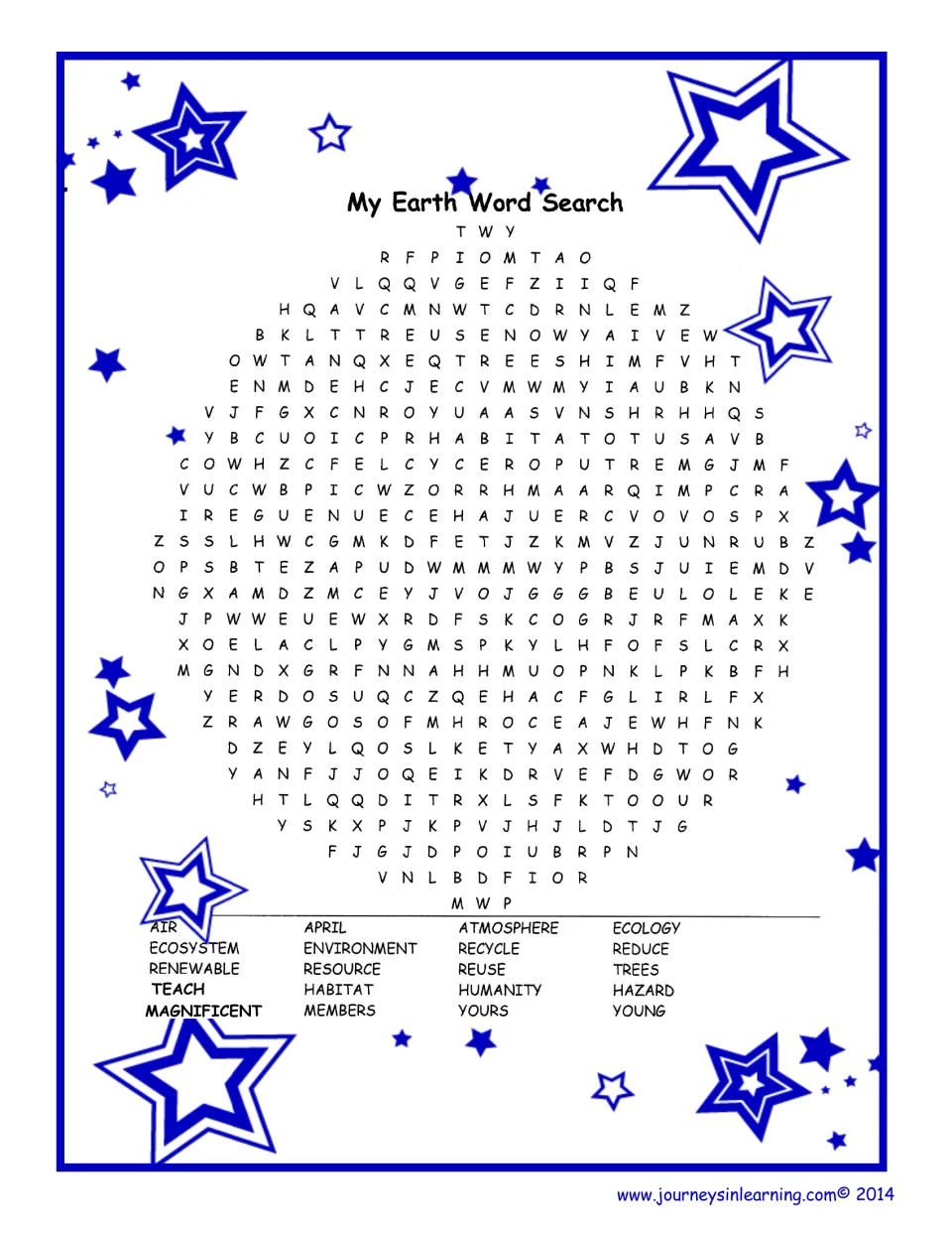 My Earth Word Search: students find 20 Earth words such as ecosystem, renewable, habitat, recycle and atmosphere