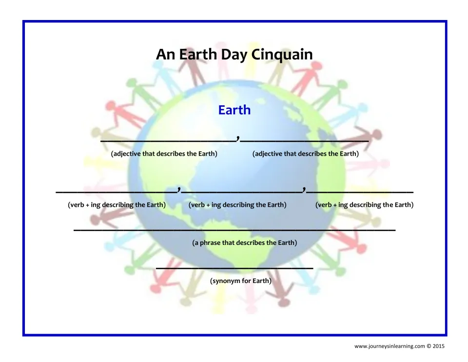 An Earth Day Cinquain guide: students write two adjectives, three -ing verbs, a phrase and a synonym describing the Earth