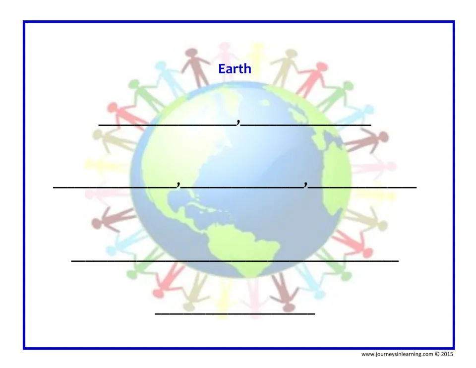Earth cinquain template with no prompts: students complete the poem about Earth on a globe ringed by children holding hands