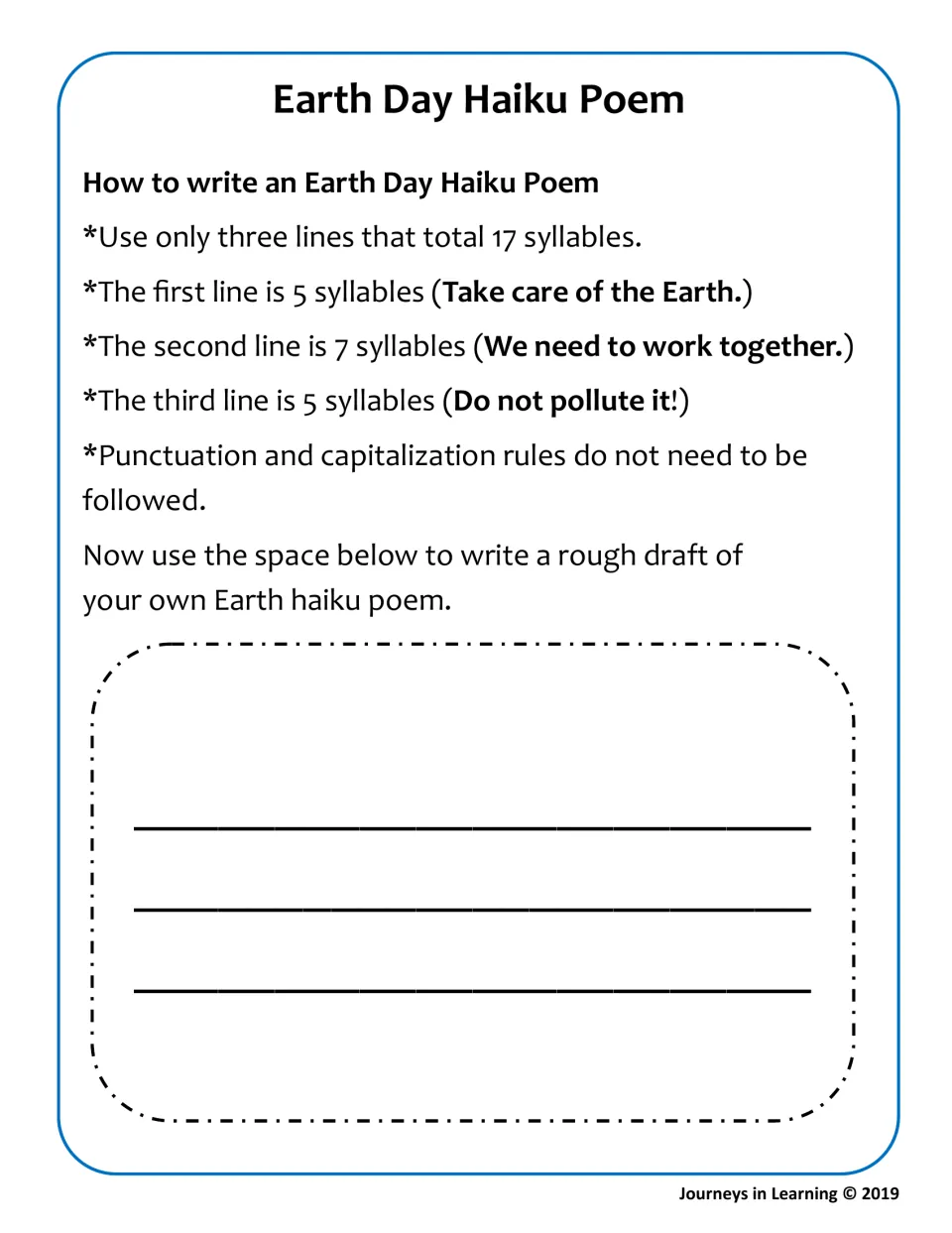 Earth Day Haiku Poem: steps for a 5-7-5 syllable haiku with an example, then students draft their own Earth haiku