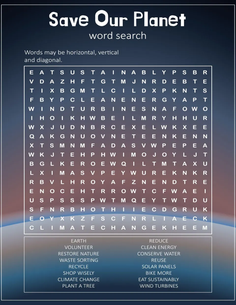 Save Our Planet word search: students find 16 eco terms like recycle, solar panels and wind turbines across or diagonally