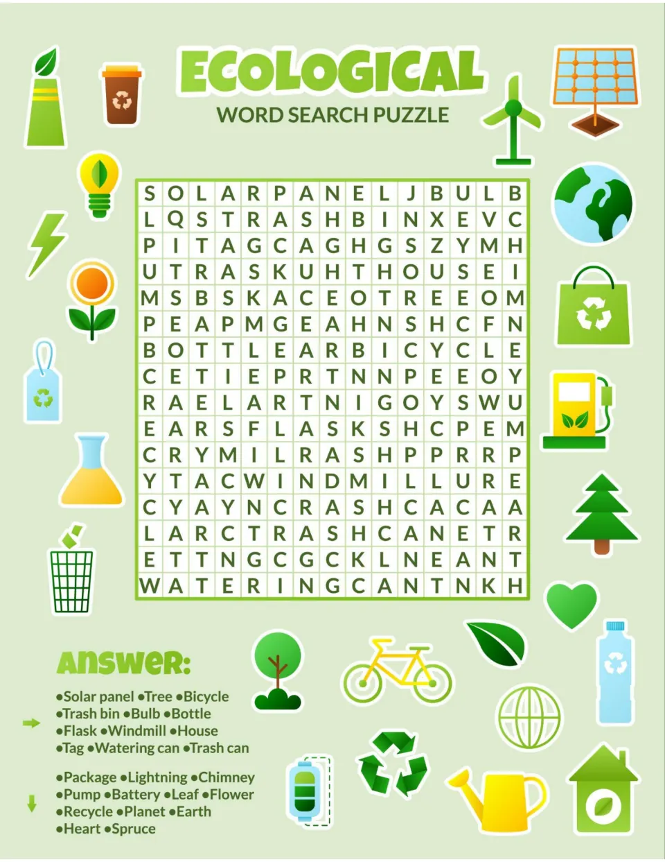 Ecological word search: students find 24 eco words such as solar panel, bicycle and watering can, shown as picture icons