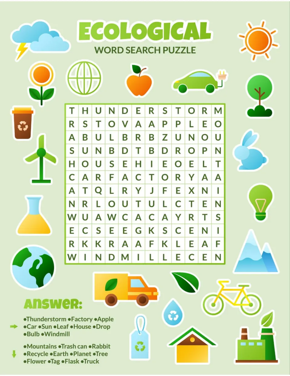 Ecological word search: students locate 21 nature and eco words like thunderstorm, factory, rabbit and truck