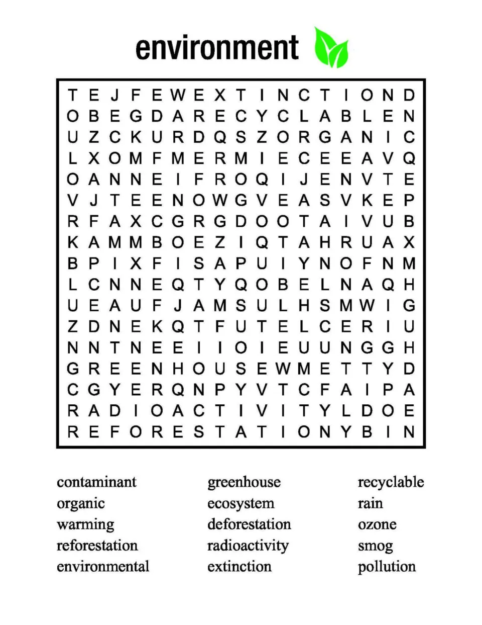 Environment word search: students find 15 terms including greenhouse, deforestation, ozone, smog and extinction