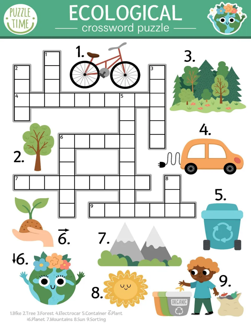 Ecological crossword: students name 10 pictures, such as a bike, forest, electric car and sun, to fill the puzzle