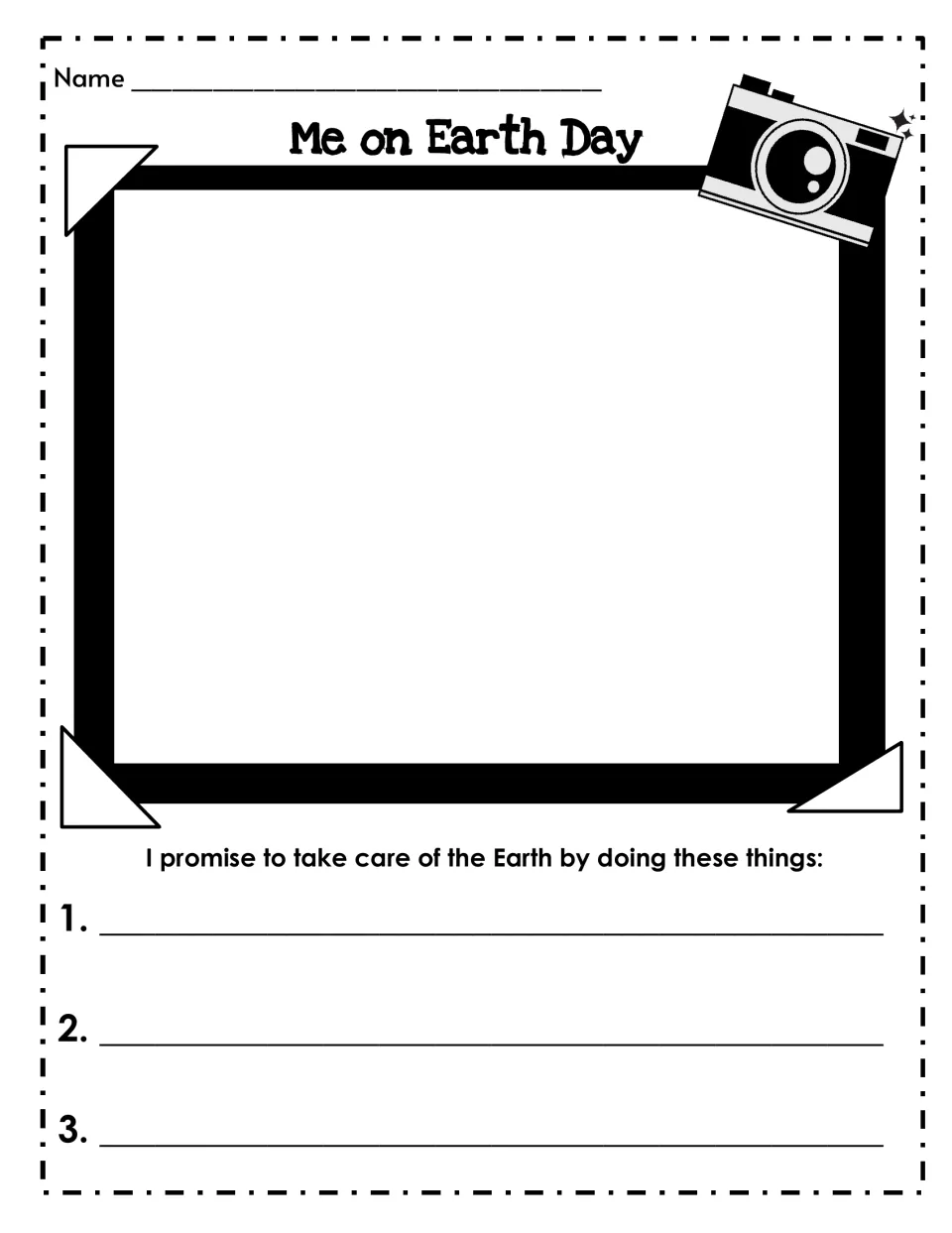 Me on Earth Day: students draw themselves in a snapshot-style photo frame and write three promises to care for the Earth