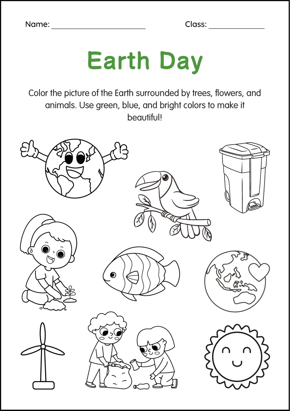 Earth Day coloring page: students color a smiling Earth, toucan, fish, sun, wind turbine and children planting and recycling