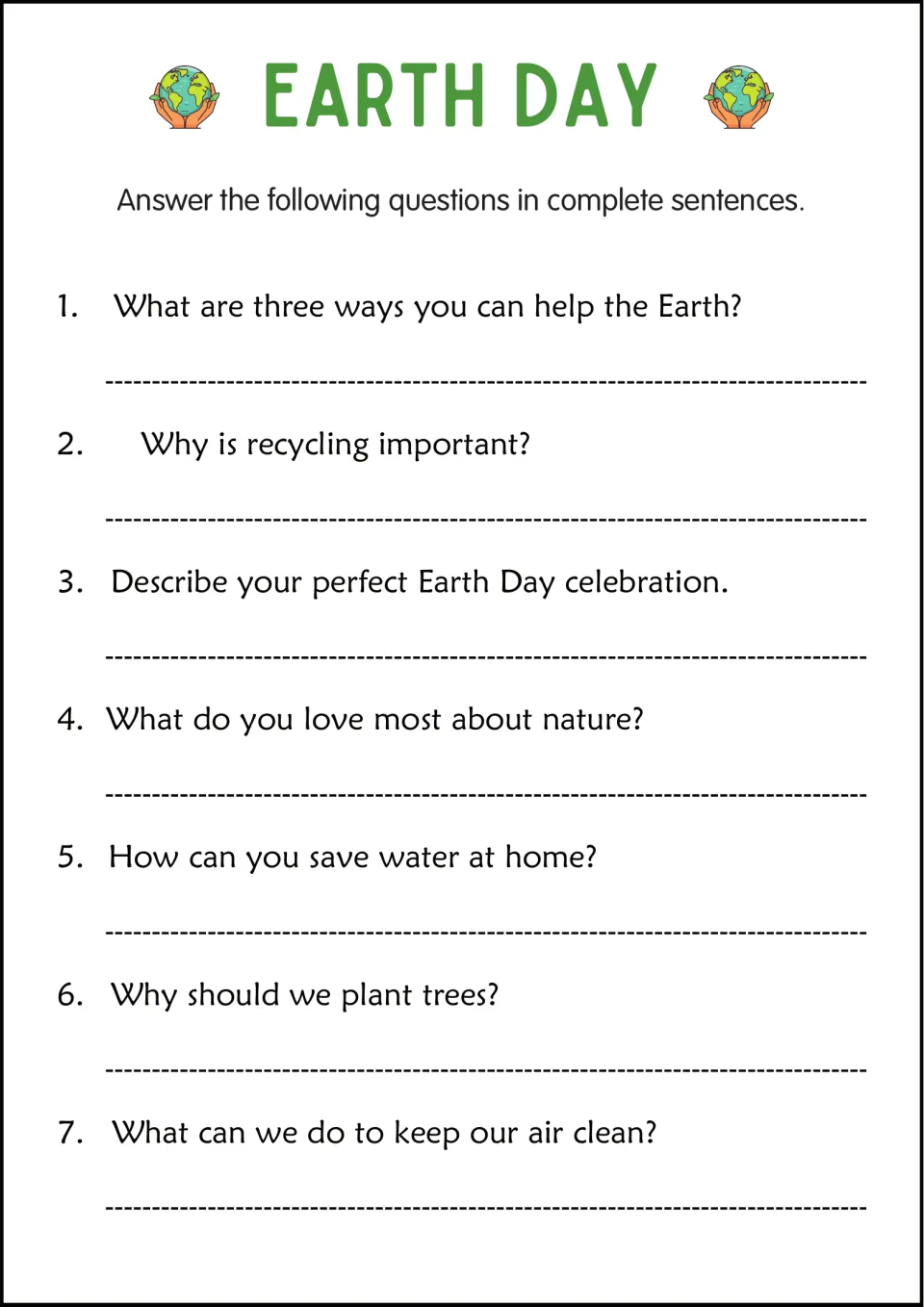 Earth Day writing prompts: students answer 7 questions in sentences about recycling, saving water, trees and clean air