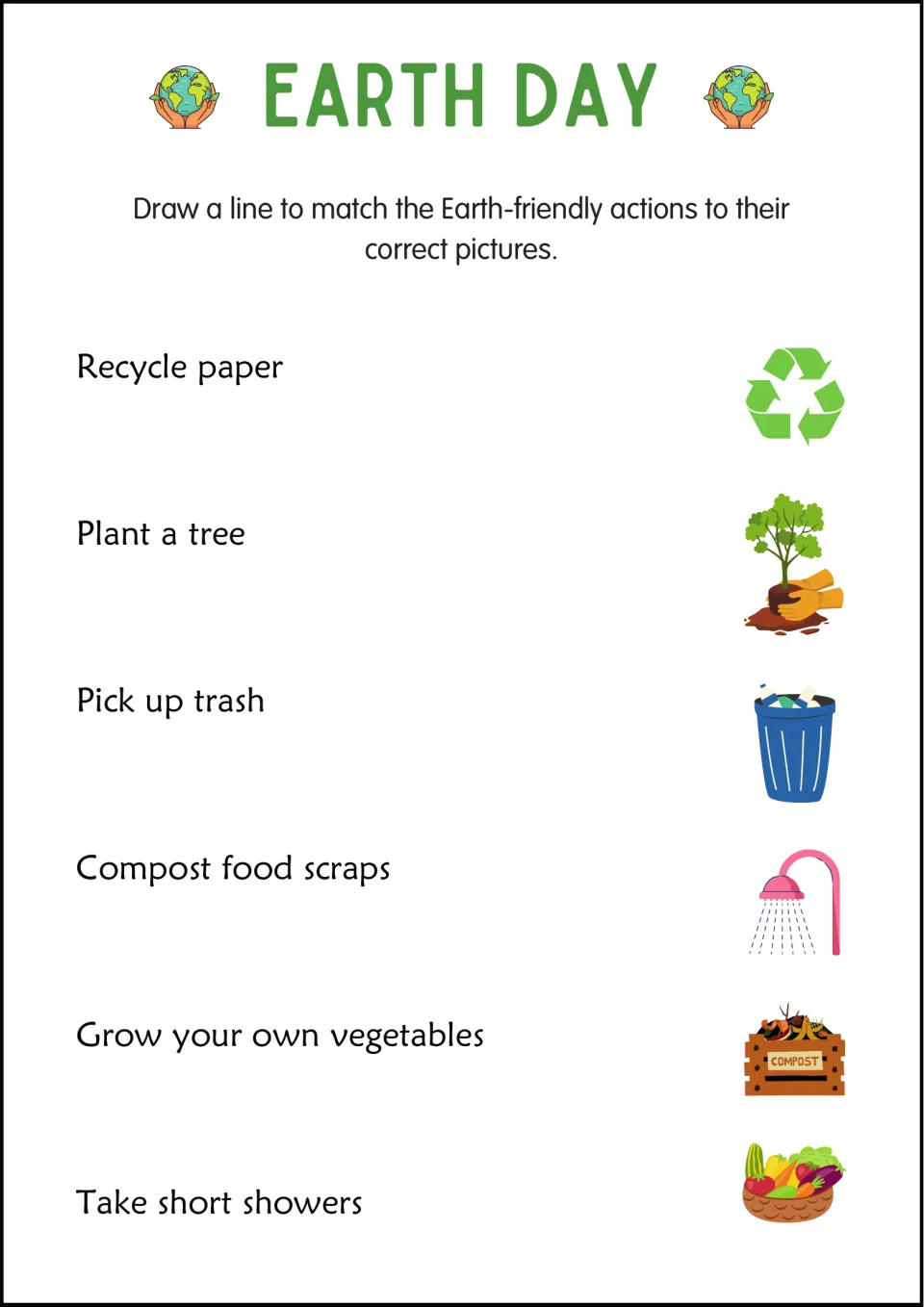 Earth-friendly actions matching: students draw lines from 6 actions like composting and short showers to their pictures
