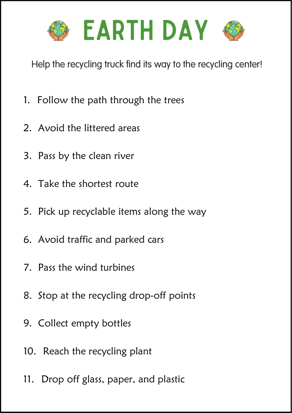 Recycling truck route: 11 numbered directions like avoid littered areas, pass the wind turbines, reach the recycling plant