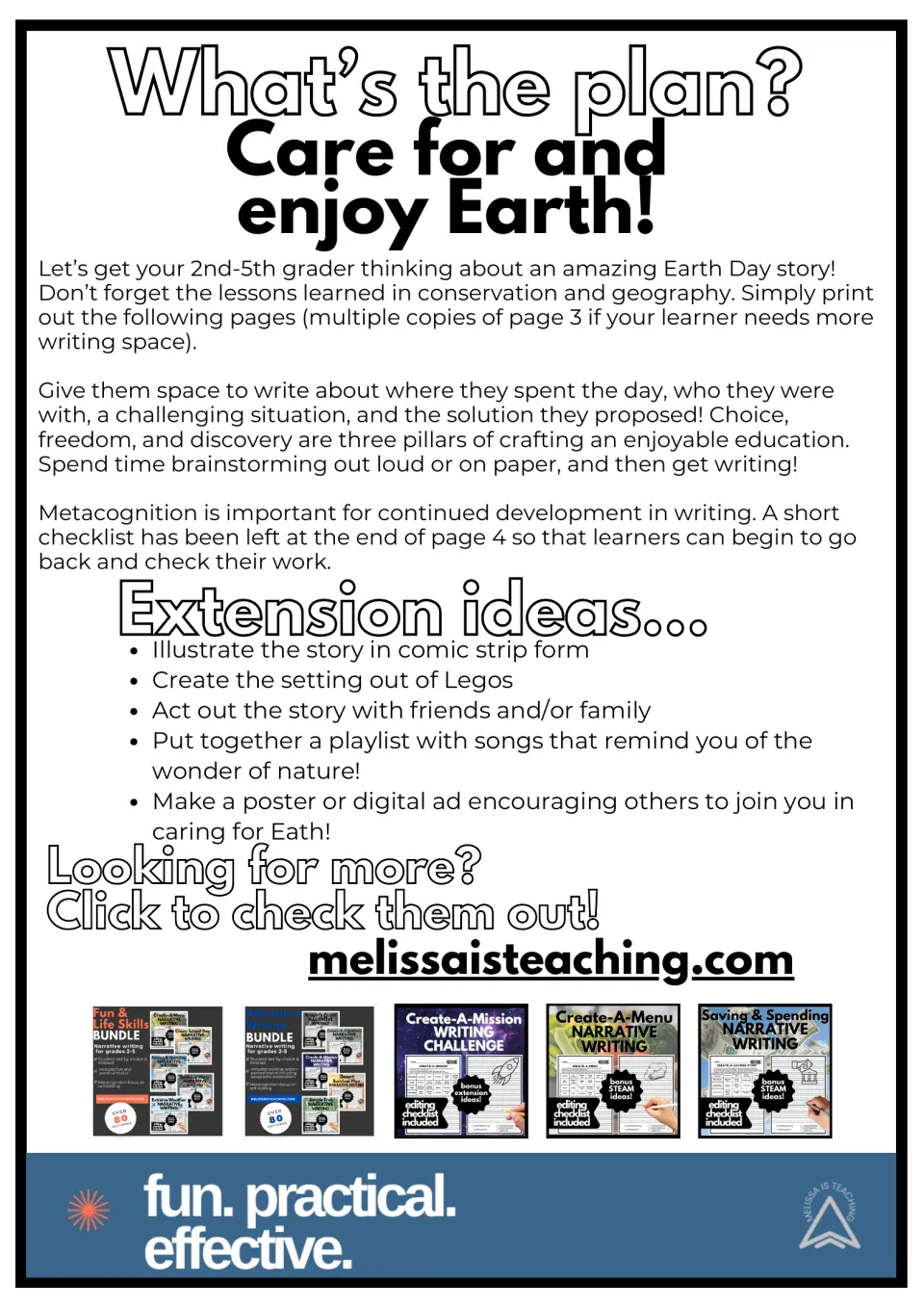 Earth Day writing directions introduce conservation stories, brainstorming, editing, and extension ideas.