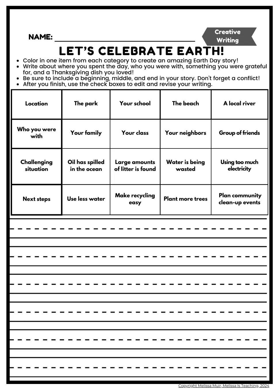 Earth Day story planner offers choices for location, companions, environmental challenges, and next steps.