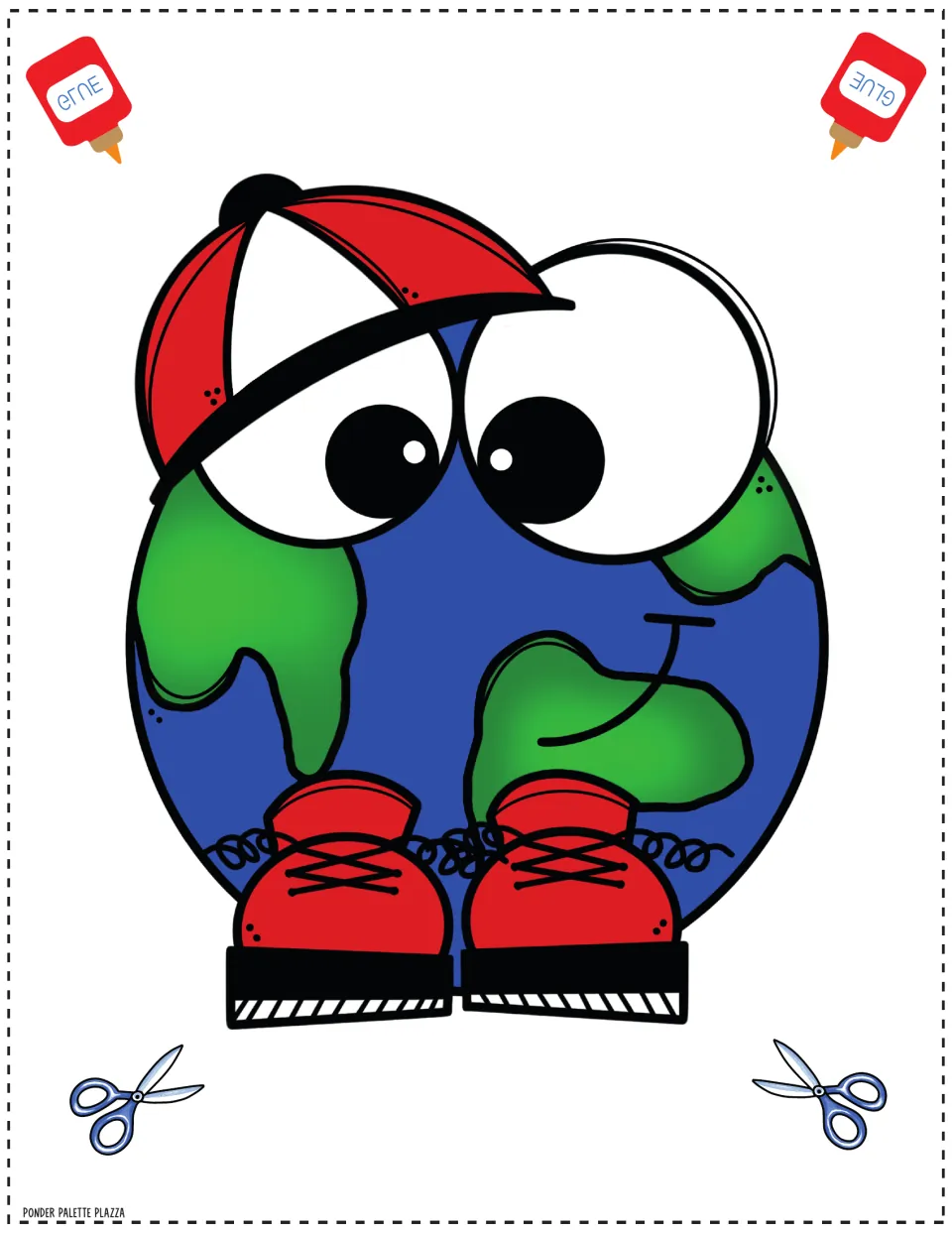 Earth Day craft cut-out piece: full-color smiling Earth in a red cap and red sneakers, with glue and scissor icons