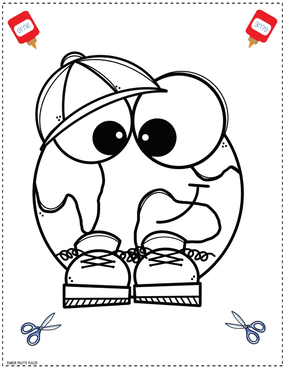 Earth character cut-out piece in black and white: students color the Earth in a cap and sneakers, then cut and glue it