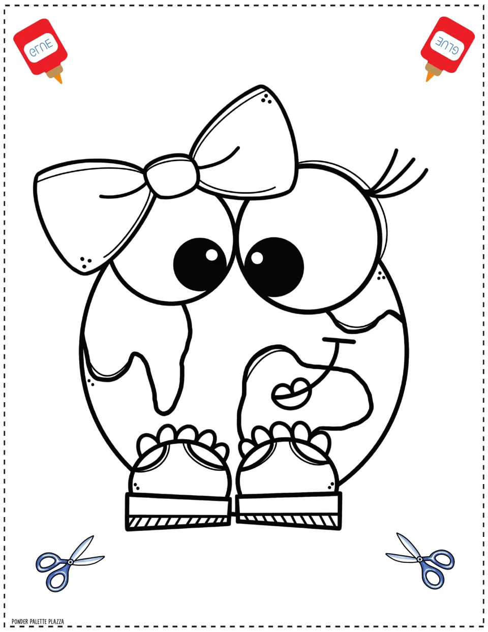 Earth character cut-out piece to color: a girl Earth with a big bow, eyelashes and ruffled shoes, ready to cut and glue