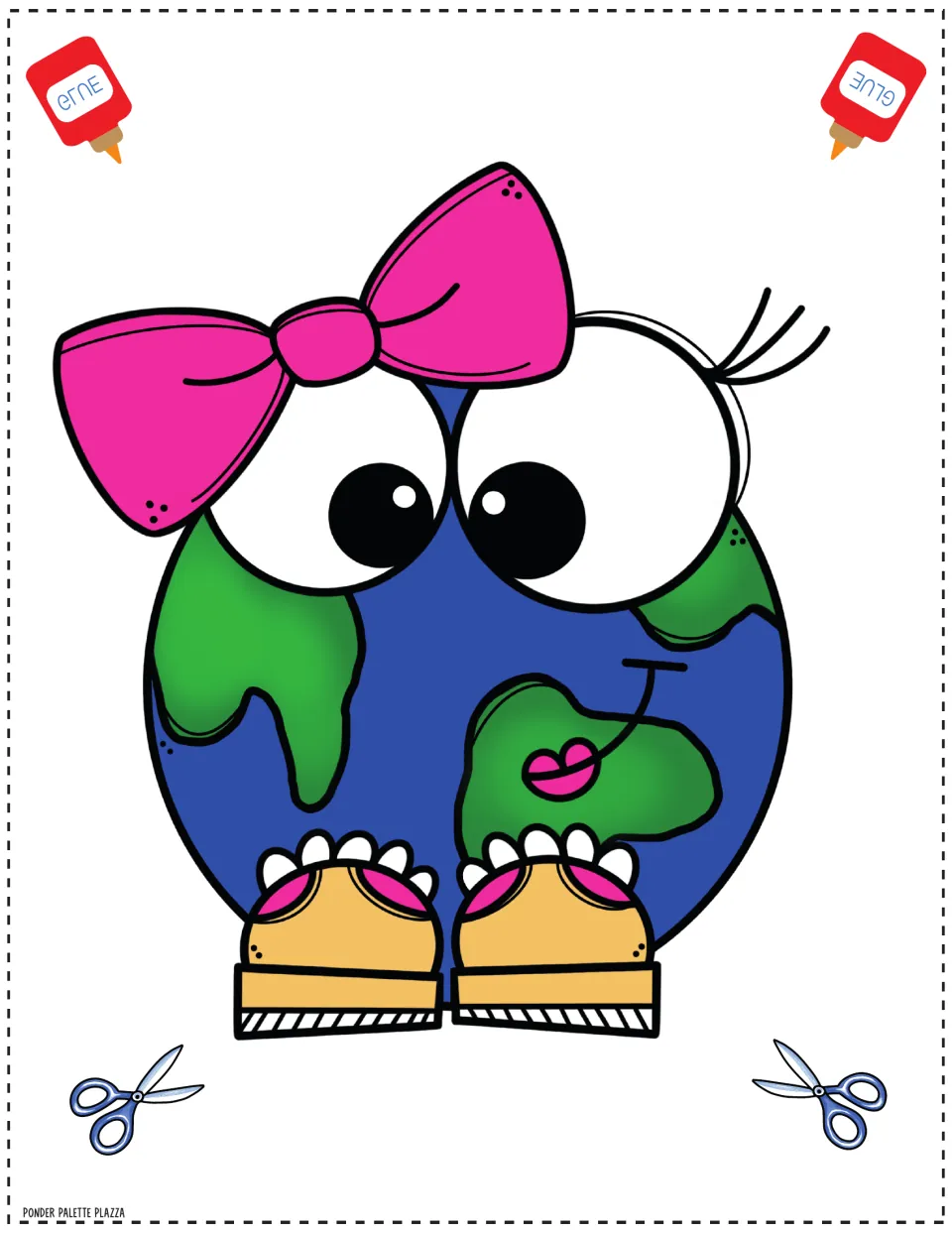 Full-color girl Earth cut-out piece with a pink bow, pink lips and yellow shoes, marked with glue and scissor icons