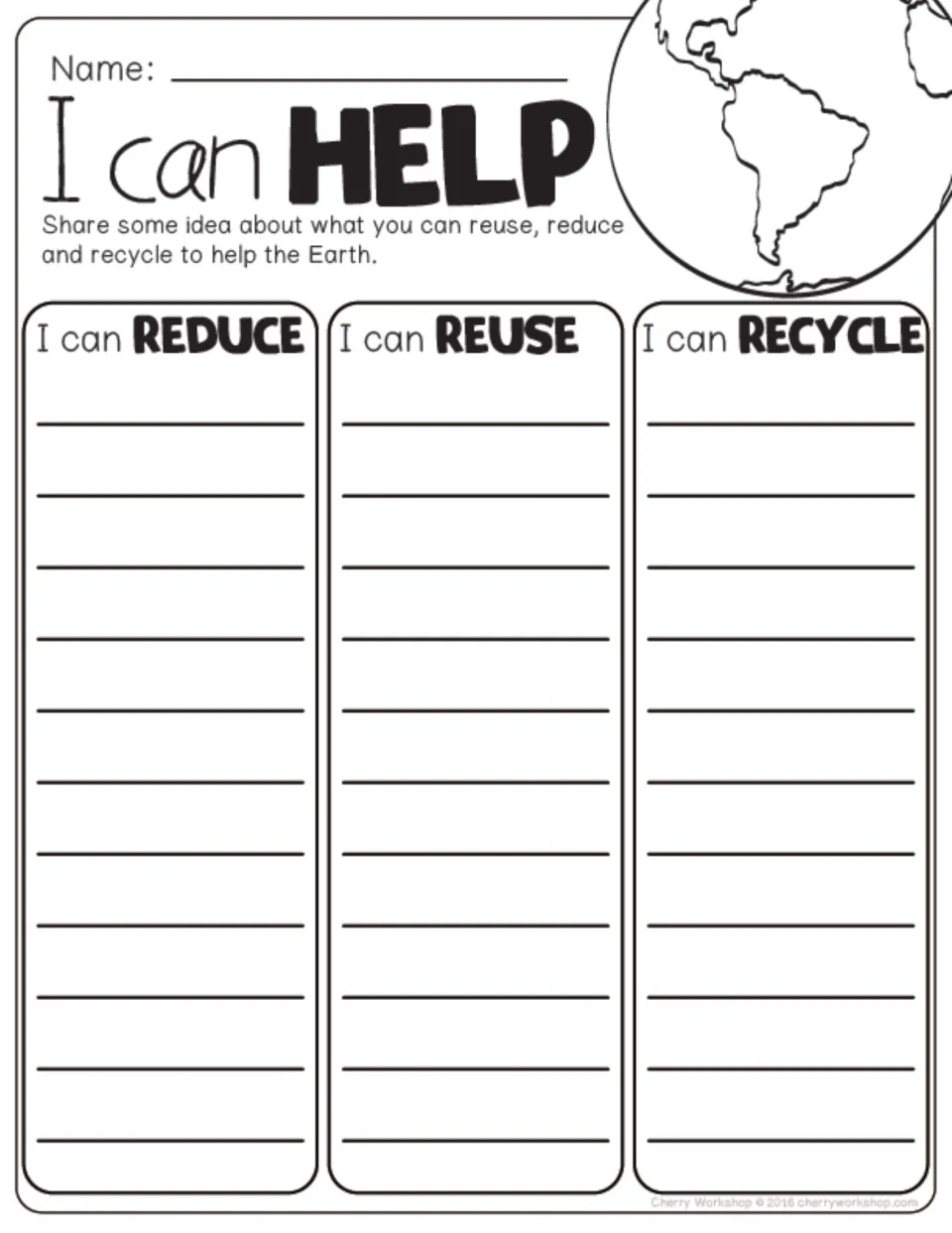 Earth Day writing worksheet: 'I can HELP' prompts ideas for what students can reduce, reuse, and recycle.