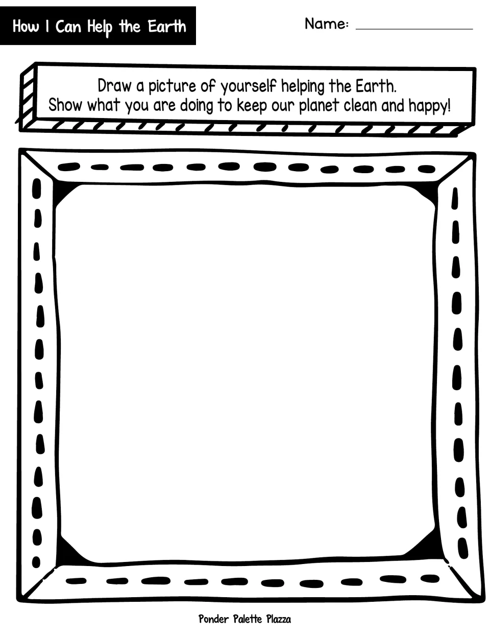 How I Can Help the Earth drawing prompt asking students to show themselves keeping the planet clean and happy.