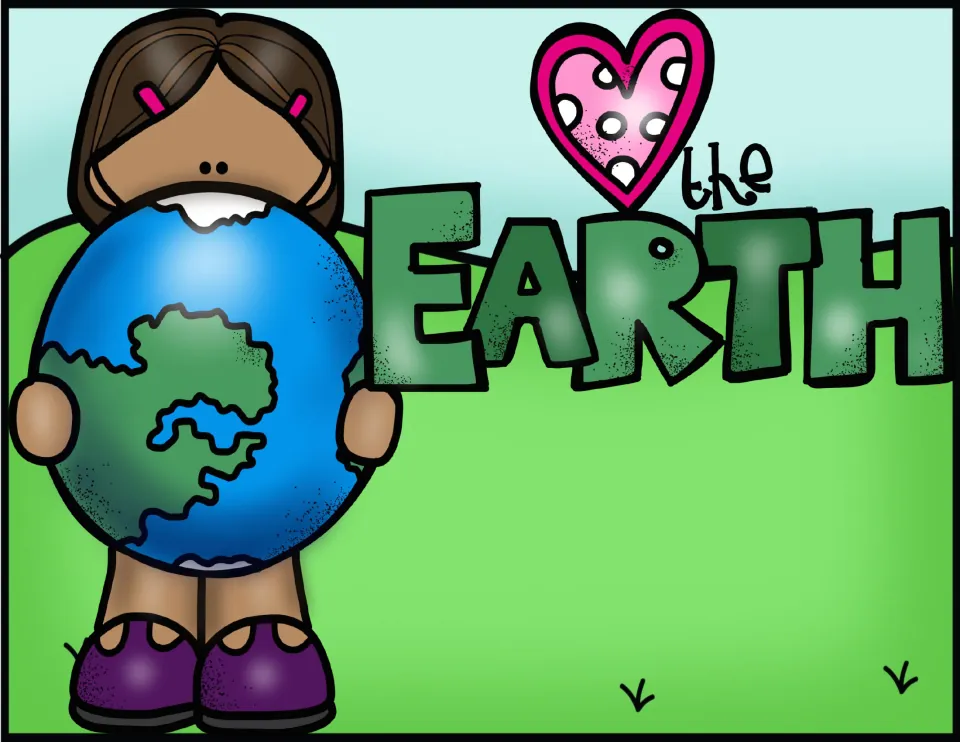 Color cover reading "(heart) the Earth" with a smiling girl hugging a large globe while standing on green grass