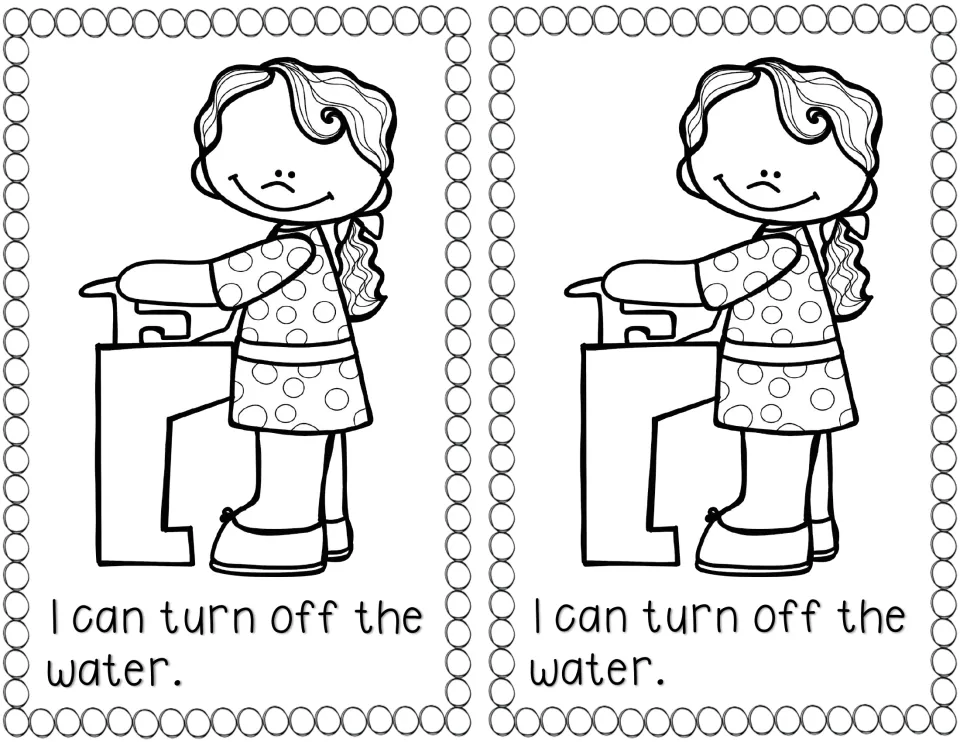 Saving water reader page, two copies: "I can turn off the water." with a girl at a sink turning off the faucet to color