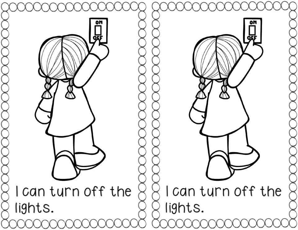 Saving energy reader page, two copies: "I can turn off the lights." with a girl flipping an ON/OFF light switch to color