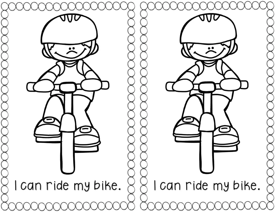 Reader page in two copies: "I can ride my bike." with a coloring picture of a boy in a helmet riding a bicycle
