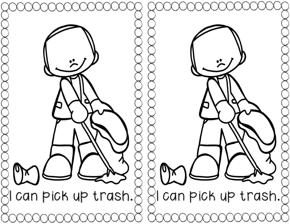 Litter cleanup reader page, two copies: "I can pick up trash." with a child using a grabber and trash bag to color