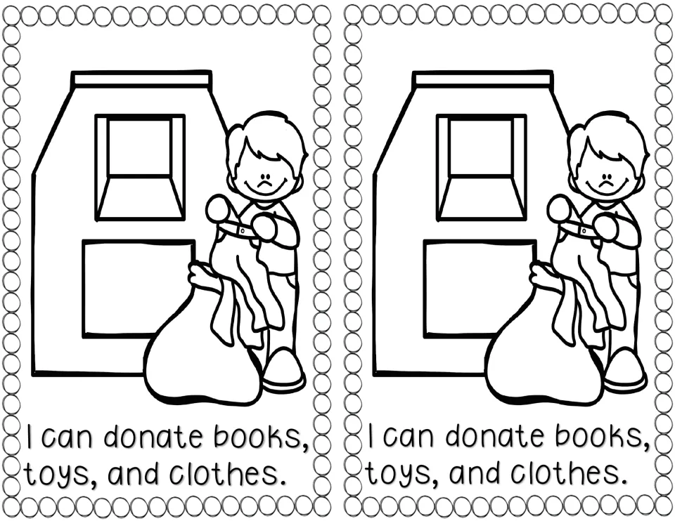 Reuse reader page, two copies: "I can donate books, toys, and clothes." with a boy putting clothes in a donation bin